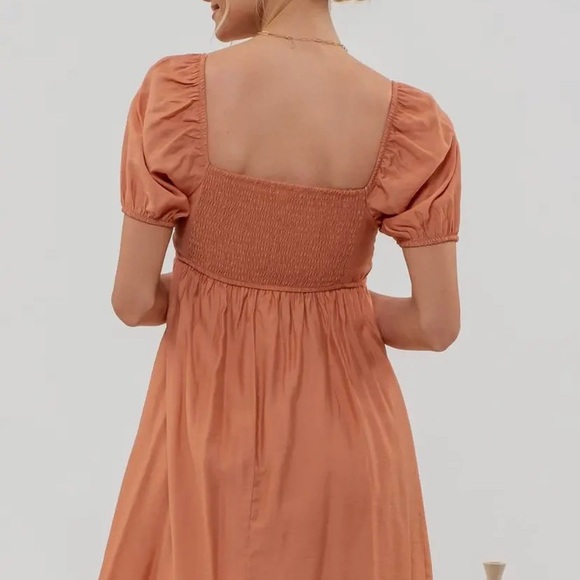 Blu Pepper Dusty Apricot Square Neck Puff Sleeve Pleated Mini Dress - Picture 3 of 6